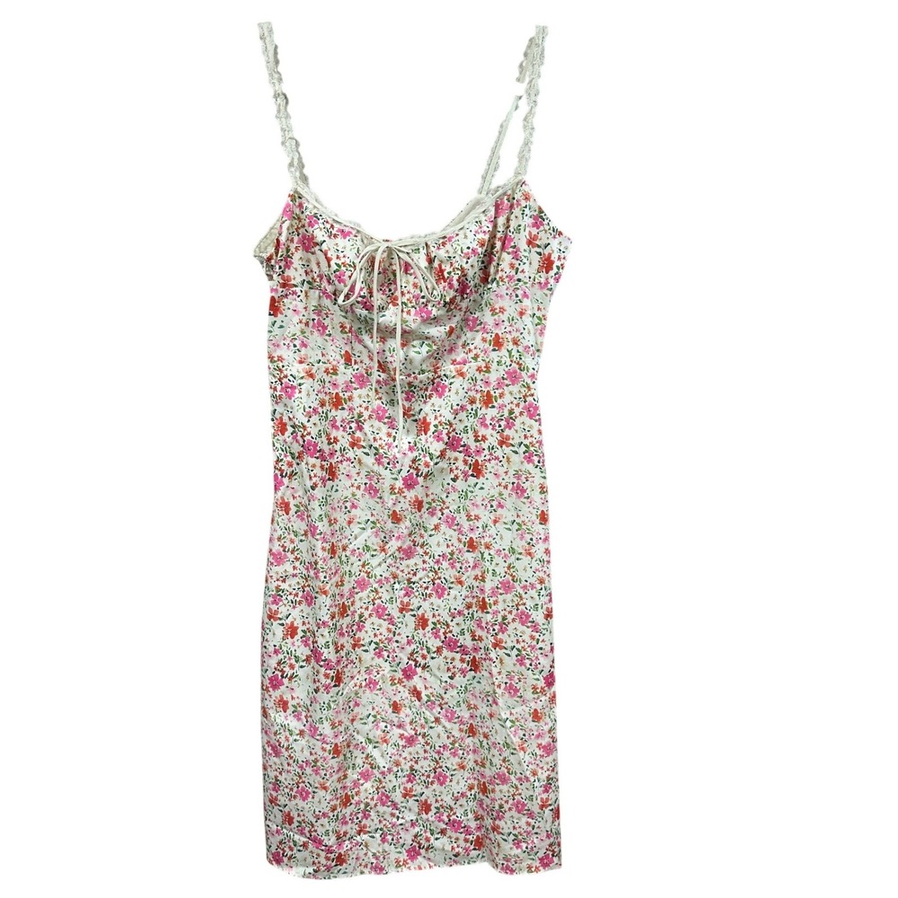 Commense Women XL Floral Lace Trim Slip Dress Pink Orange Cream Smocked Mini‎
